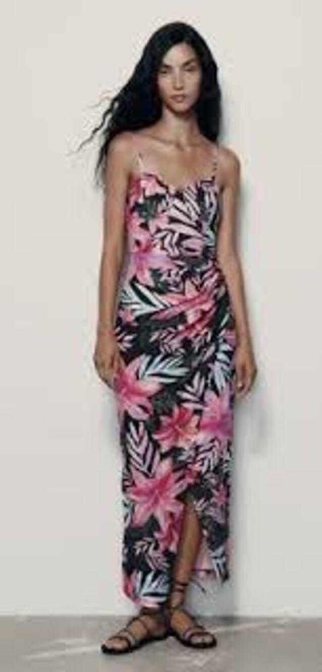 Zara Tropical Floral Print Corset Style Maxi / Midi Dress Side Slit Size Medium